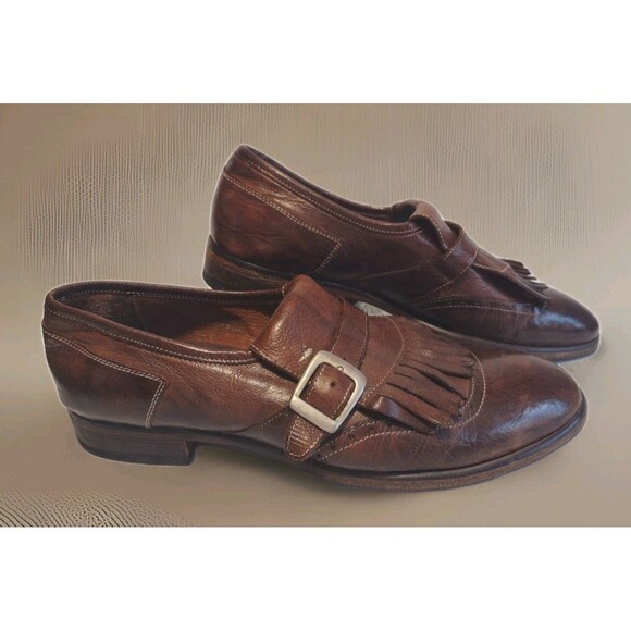 Benheart Handmade Italy Monk Strap Shoes US 11 Vibram Sole Fringe Leather Brown - Picture 1 of 16